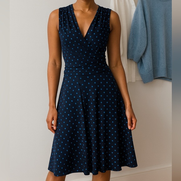 Ralph Lauren Chic Navy Polka Dot Wrap Dress Flattering A-Line Midi Sleeveless - Picture 1 of 5